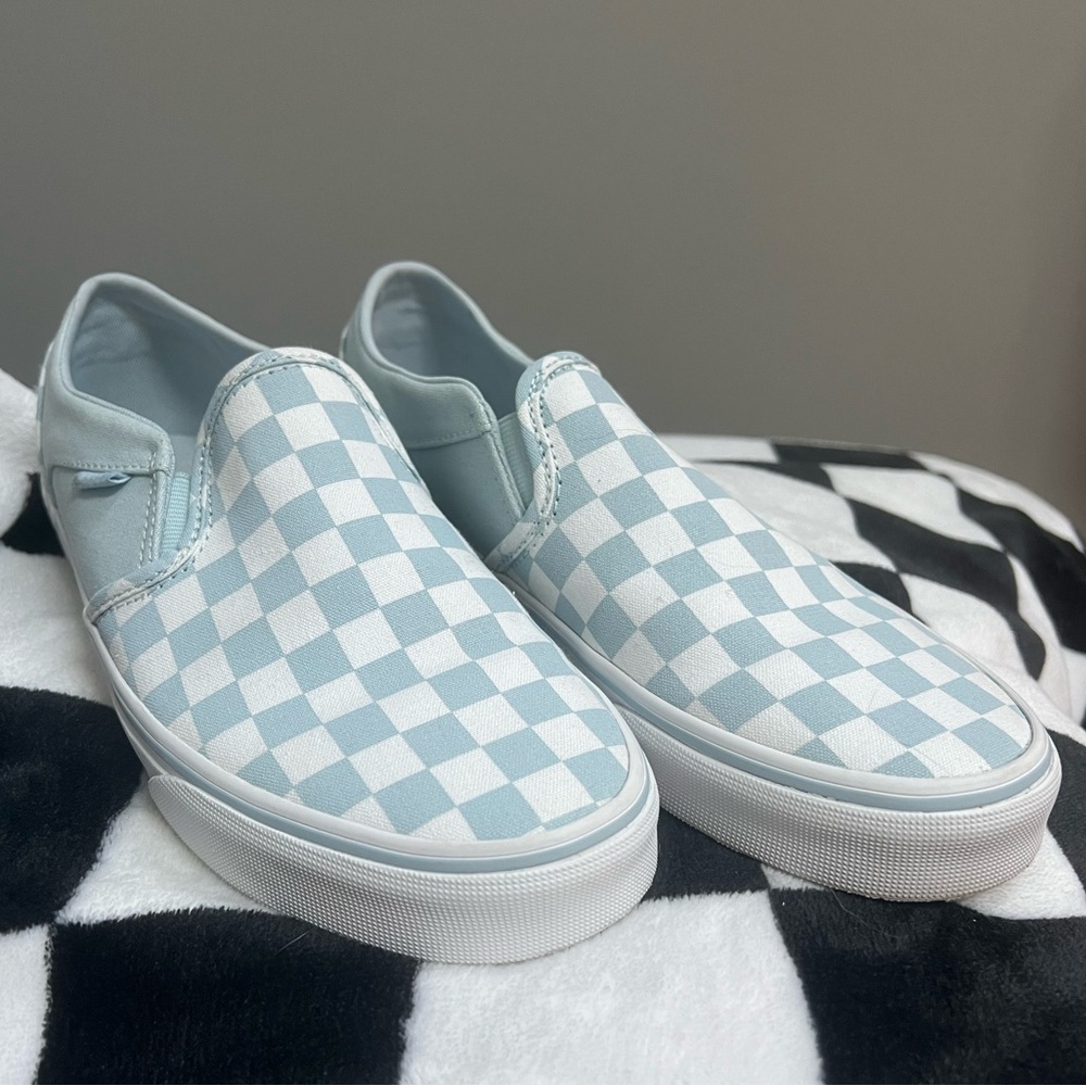 Vans On Skate Slip On Shoes in baby Blue Checkered Print Sz Men’s 6.5 Women’s 8
